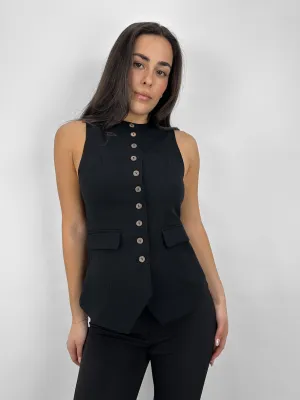 High Neck Linen Button Down Vest