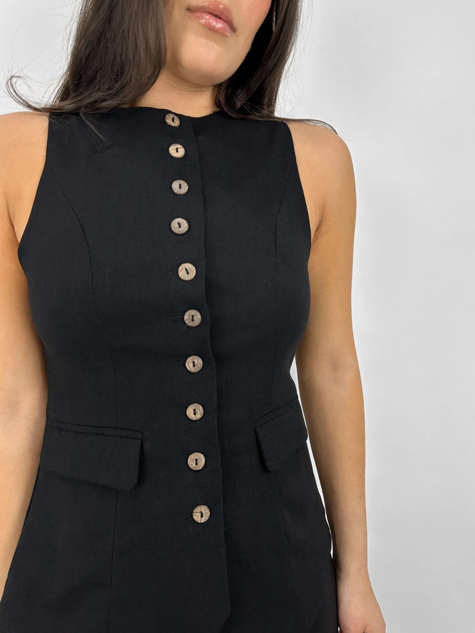 High Neck Linen Button Down Vest