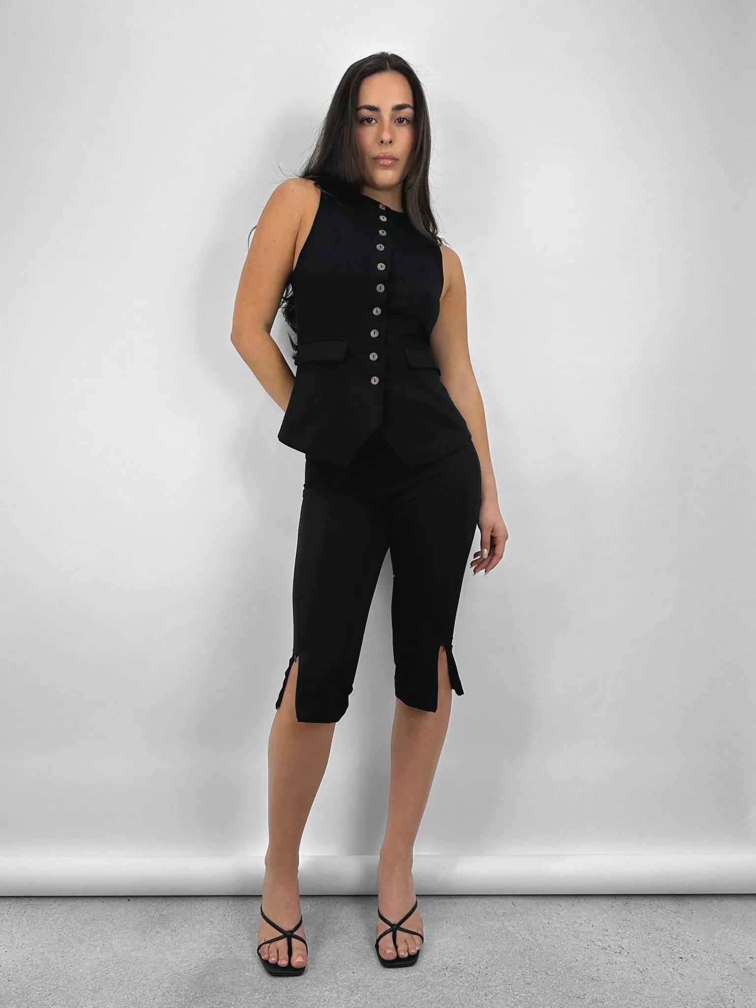 High Neck Linen Button Down Vest
