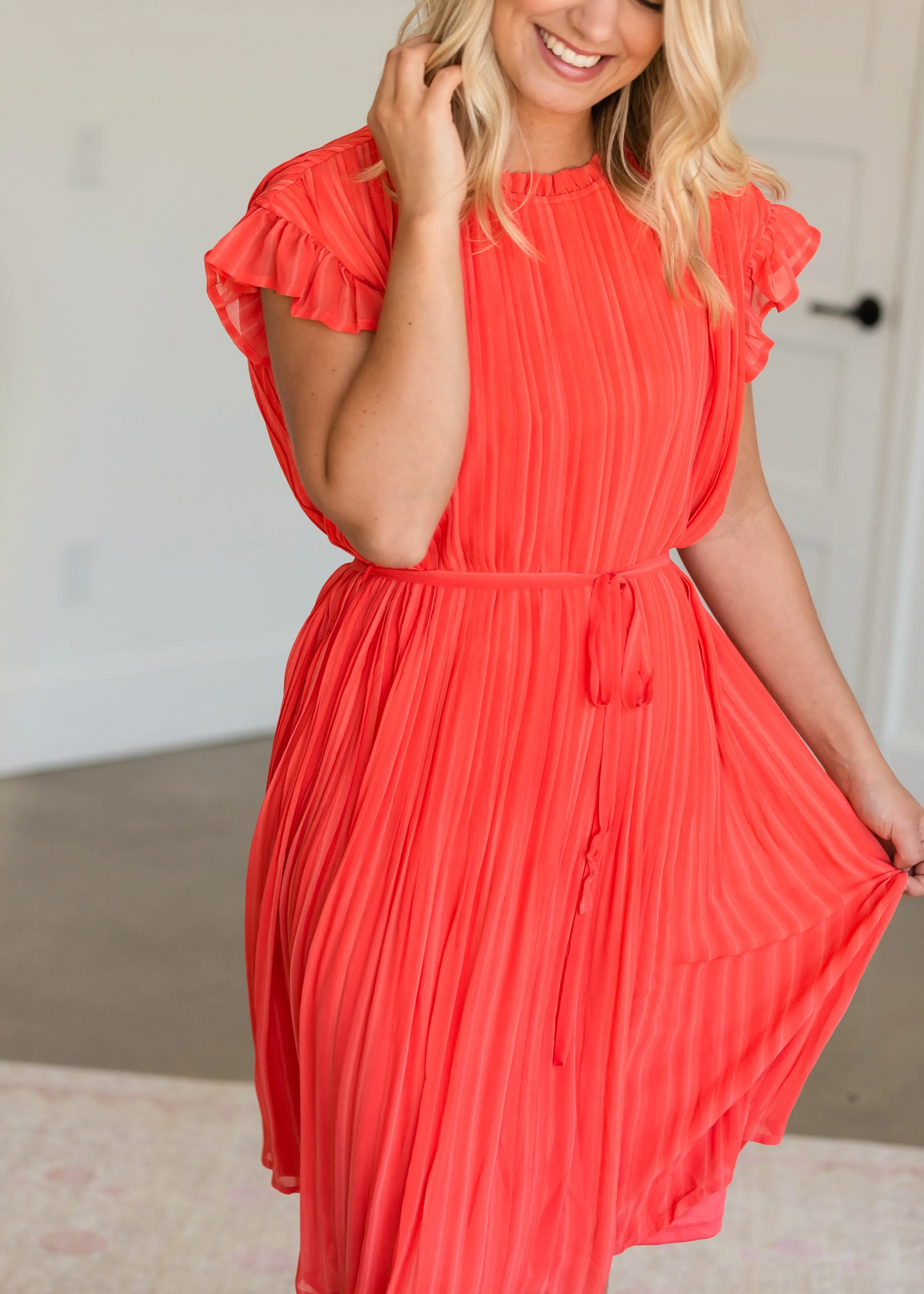 High Neck Pleated Belted Coral Midi Dress - FINAL SALE