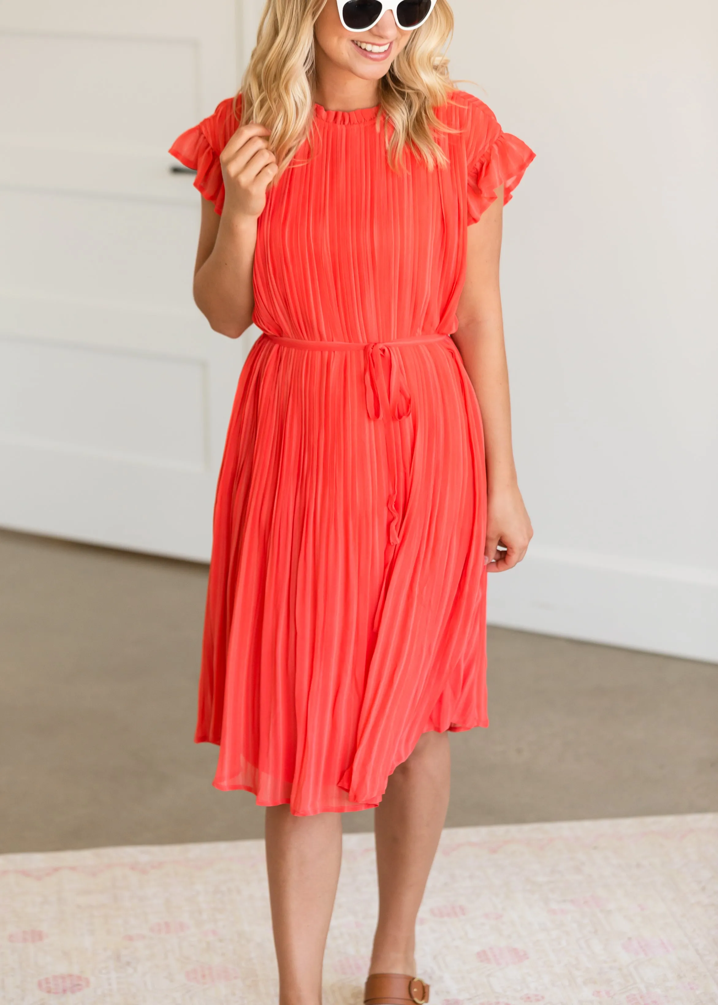 High Neck Pleated Belted Coral Midi Dress - FINAL SALE