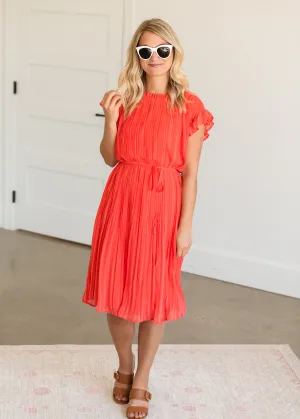 High Neck Pleated Belted Coral Midi Dress - FINAL SALE