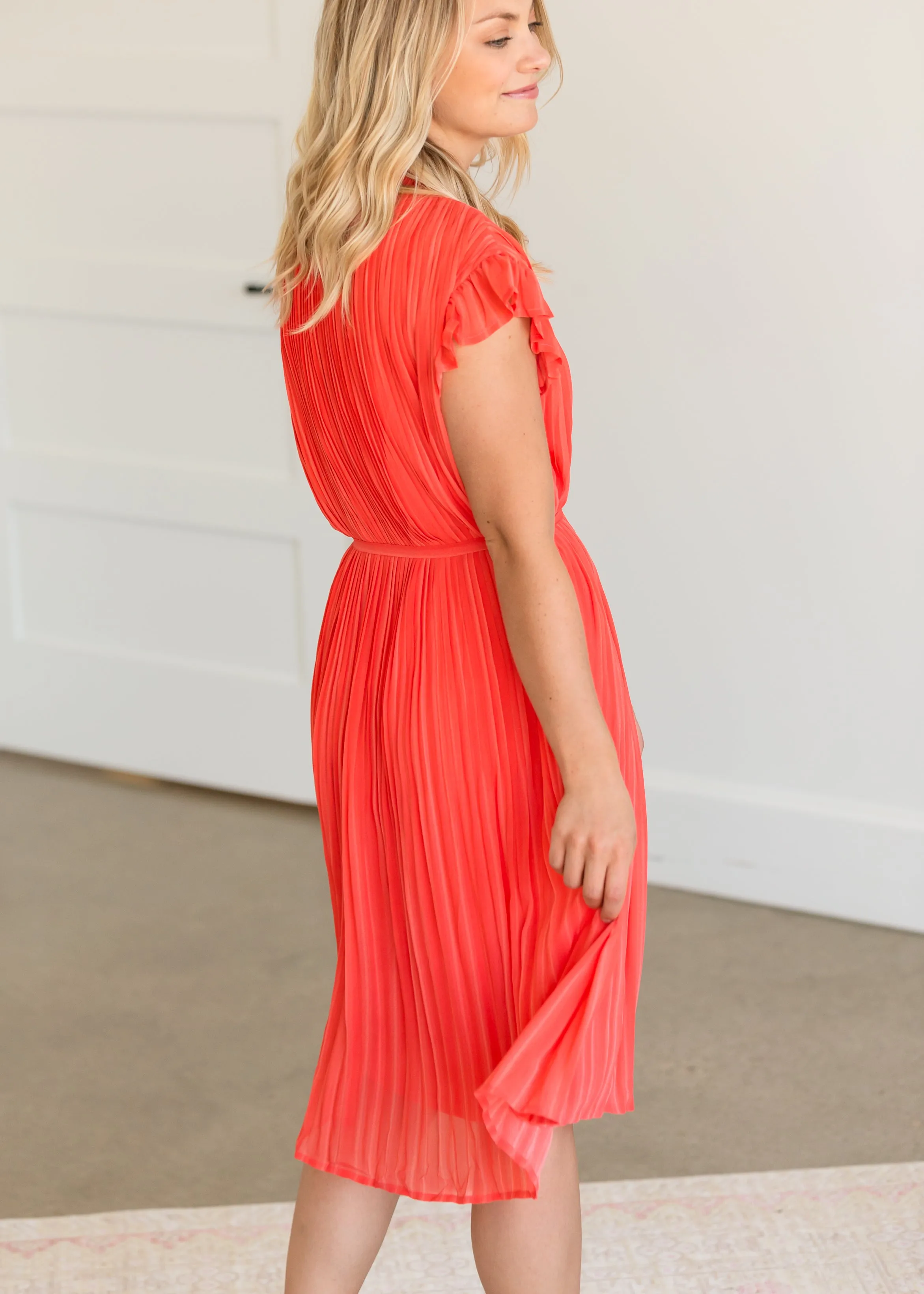 High Neck Pleated Belted Coral Midi Dress - FINAL SALE