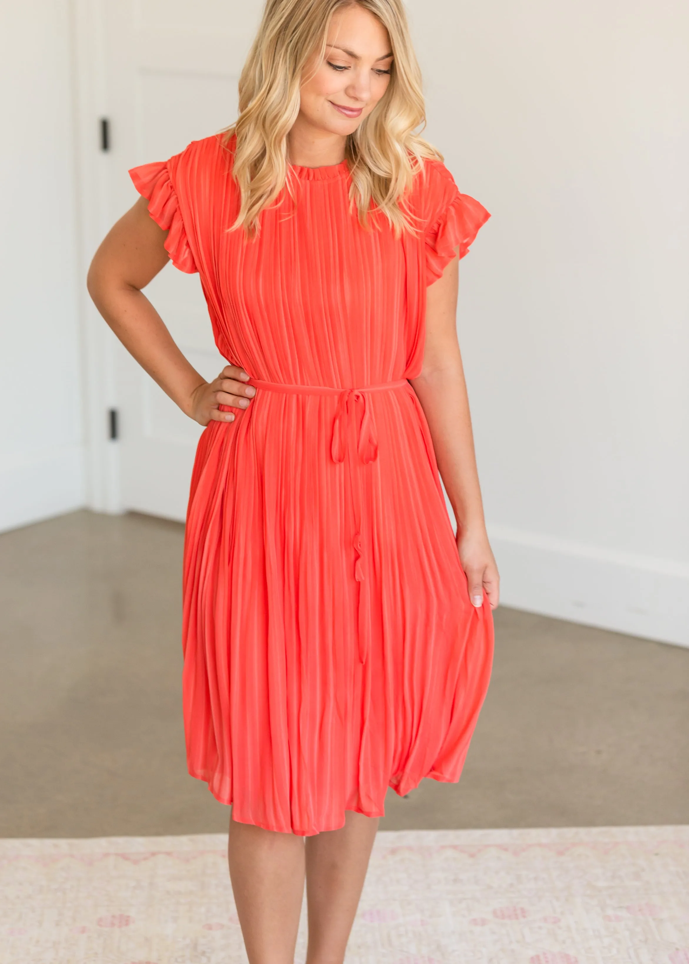 High Neck Pleated Belted Coral Midi Dress - FINAL SALE