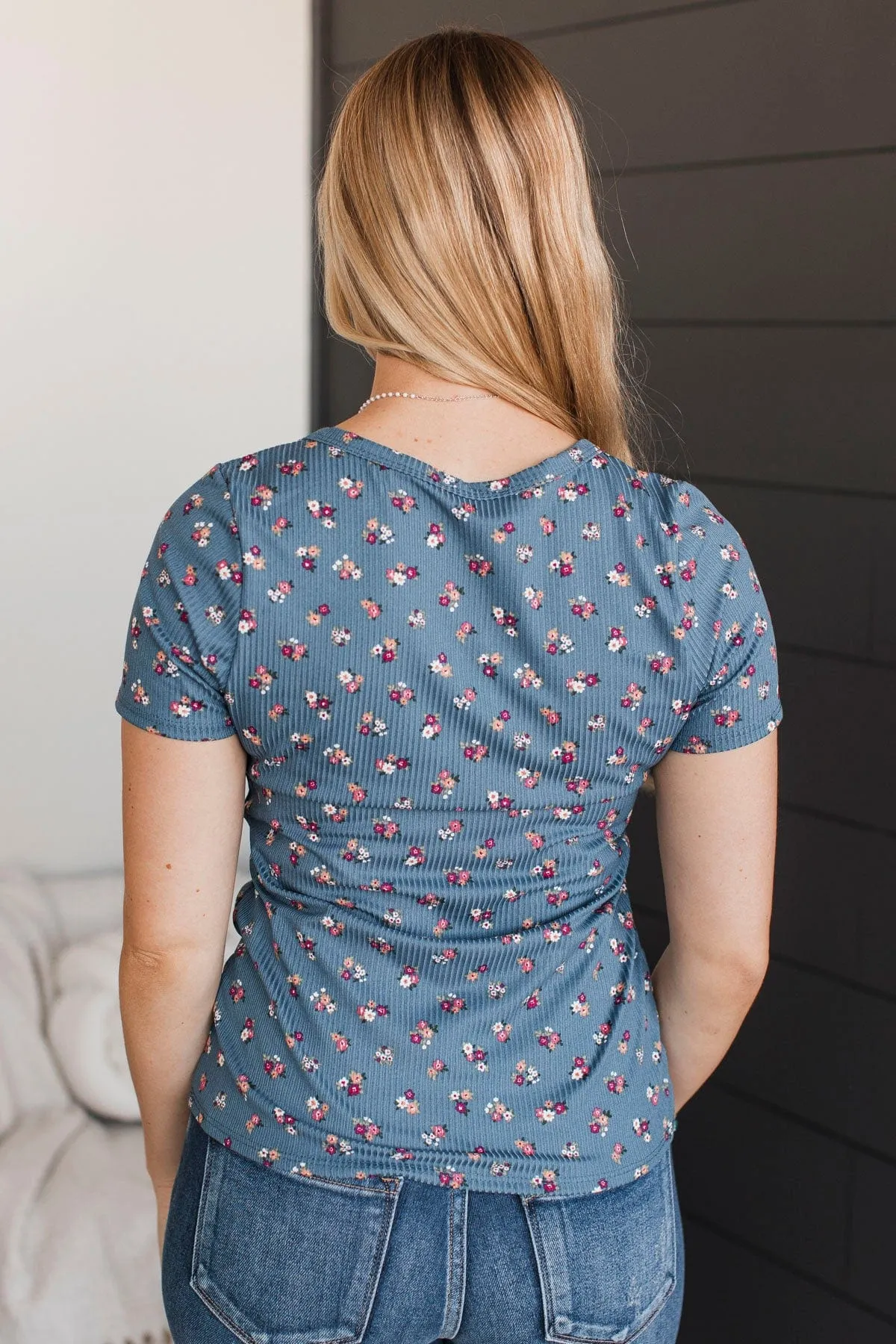 Hold Out Your Hand Floral Top- Denim Blue
