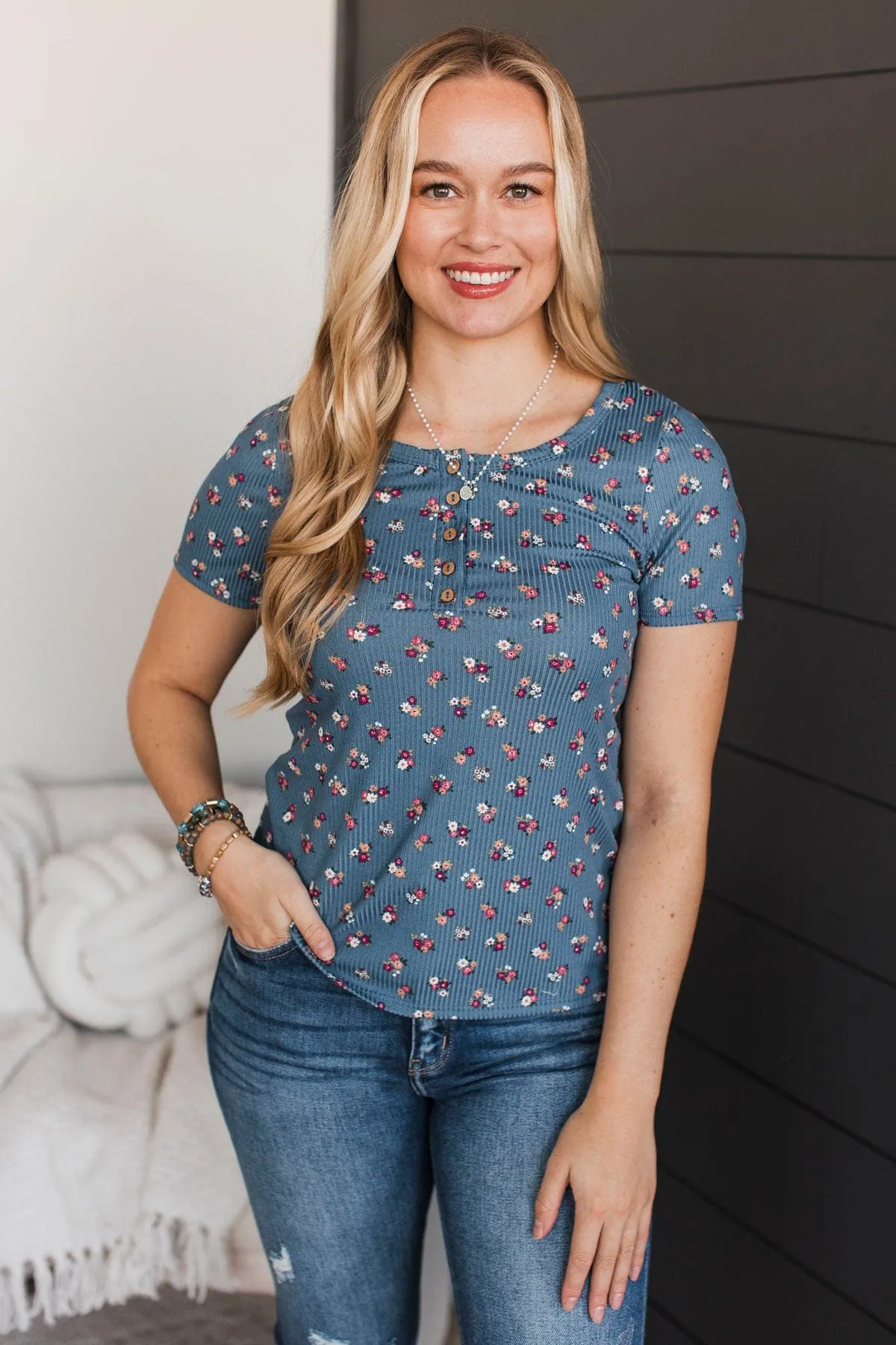 Hold Out Your Hand Floral Top- Denim Blue