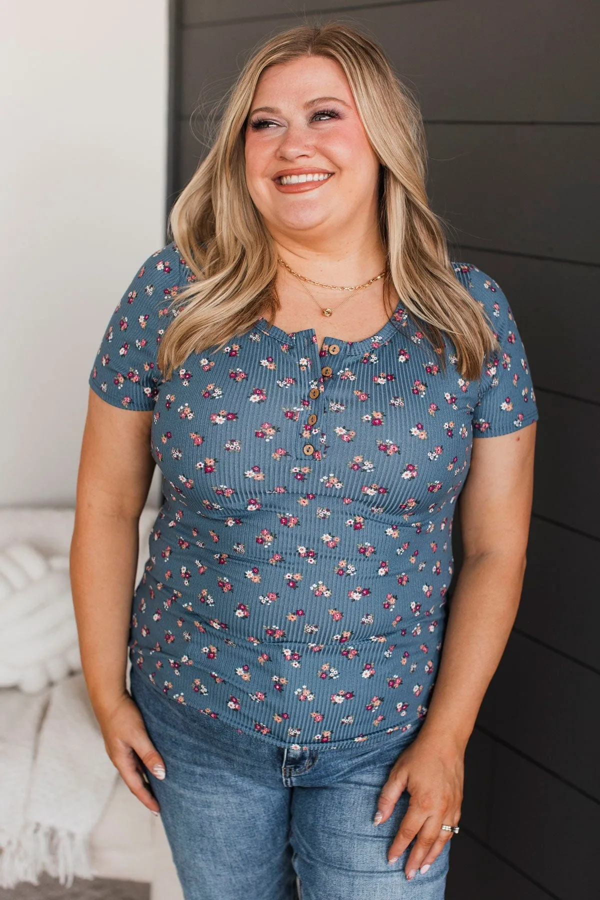 Hold Out Your Hand Floral Top- Denim Blue
