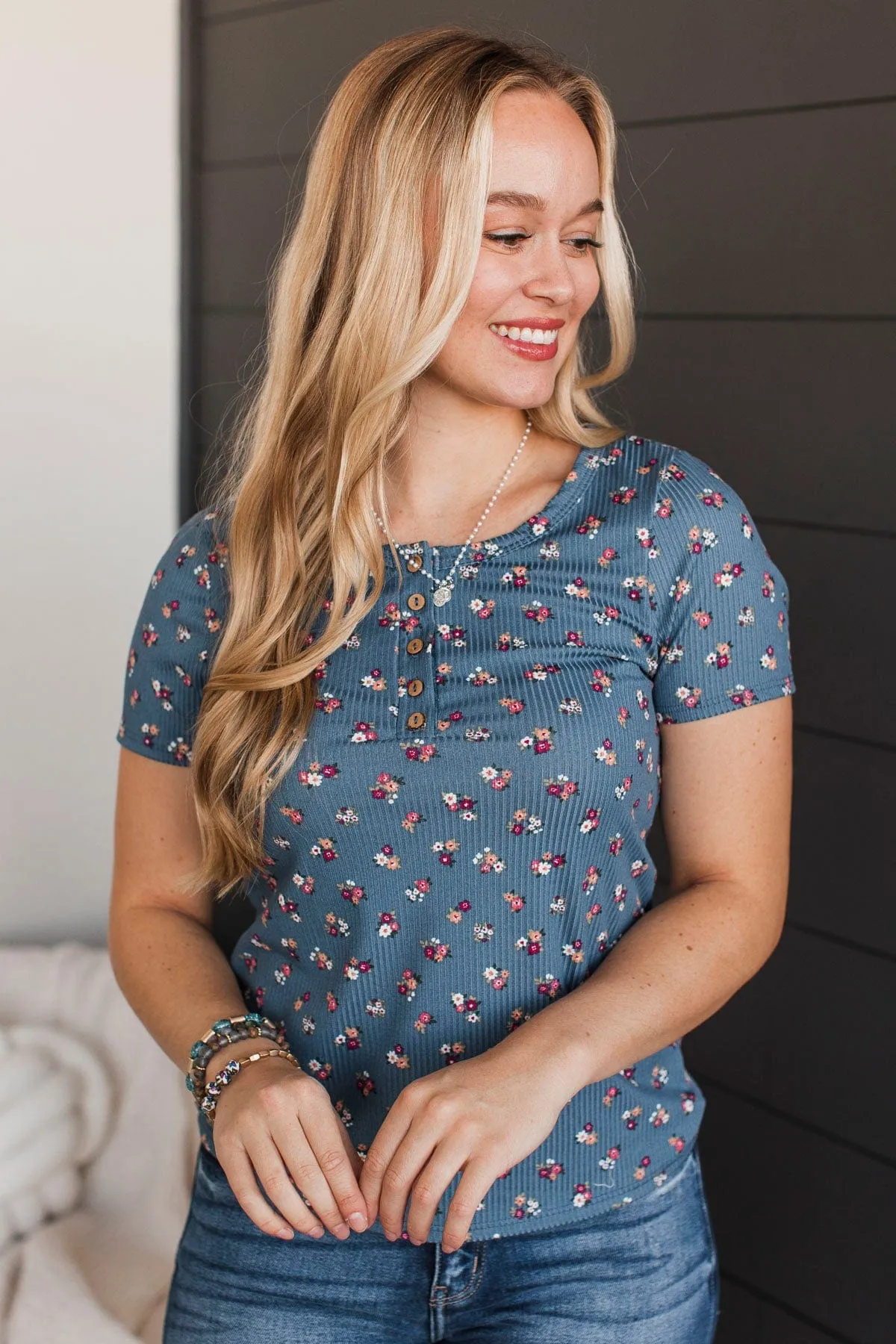 Hold Out Your Hand Floral Top- Denim Blue