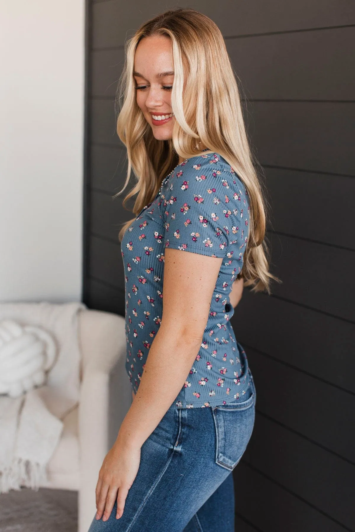 Hold Out Your Hand Floral Top- Denim Blue