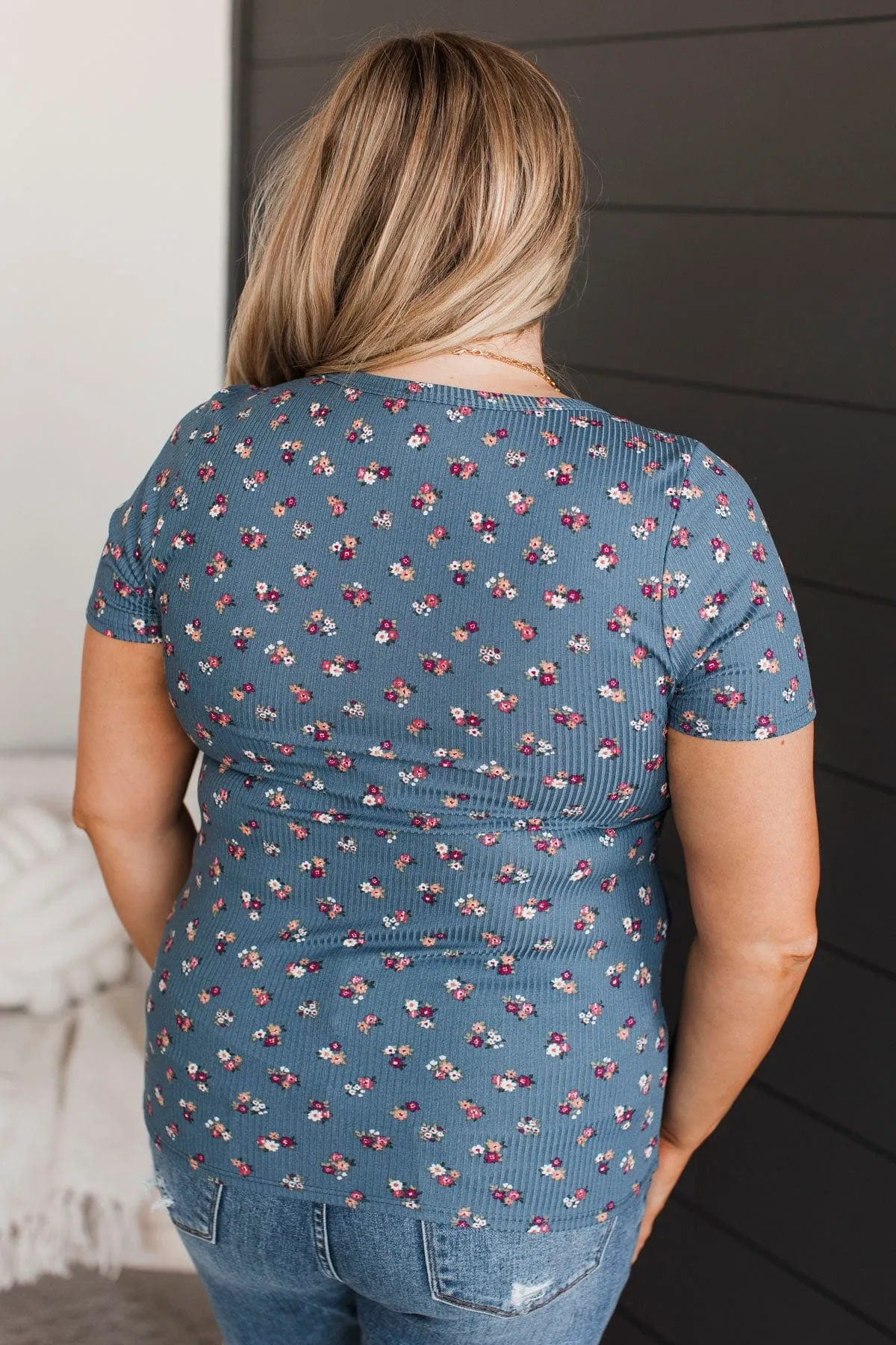 Hold Out Your Hand Floral Top- Denim Blue