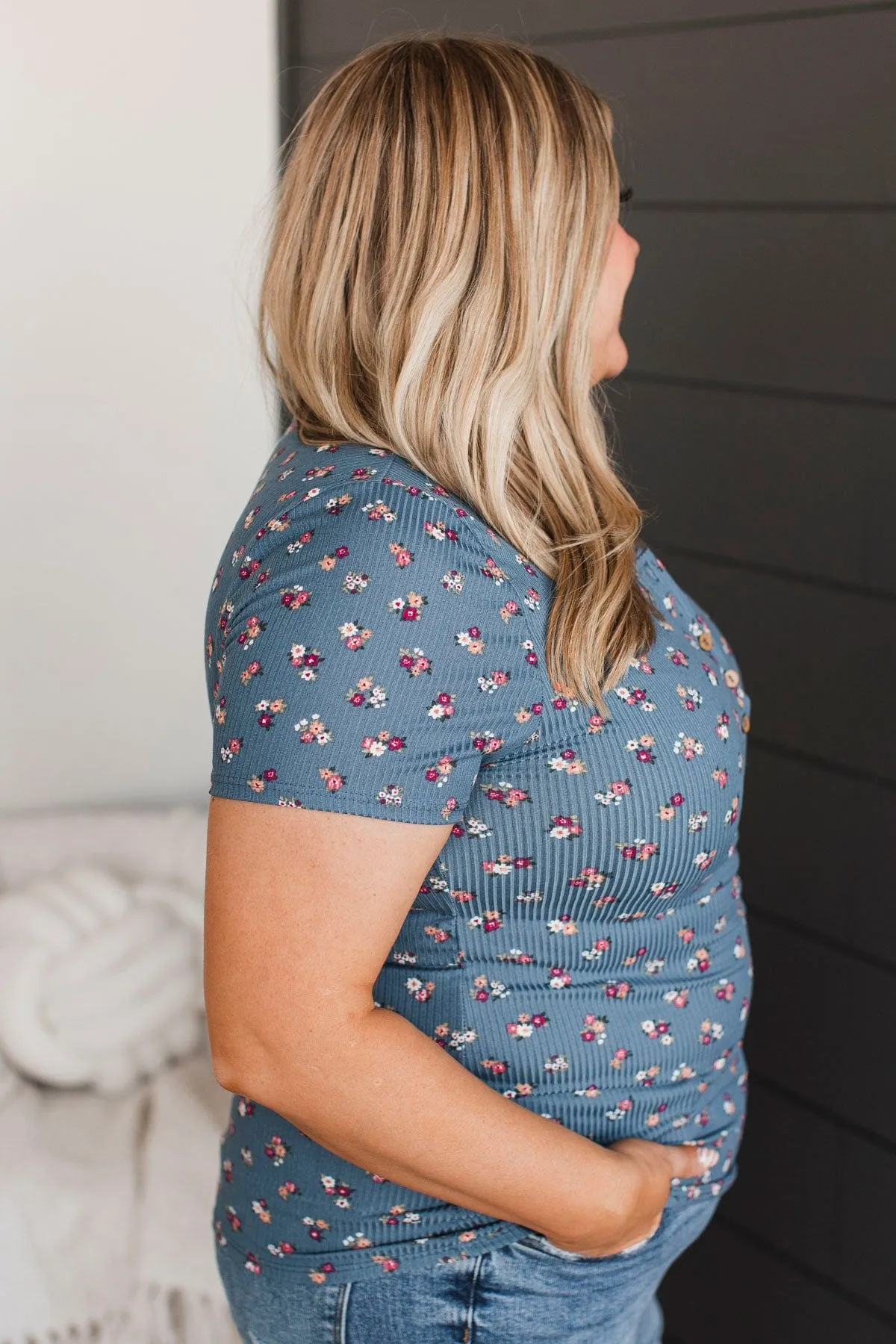 Hold Out Your Hand Floral Top- Denim Blue