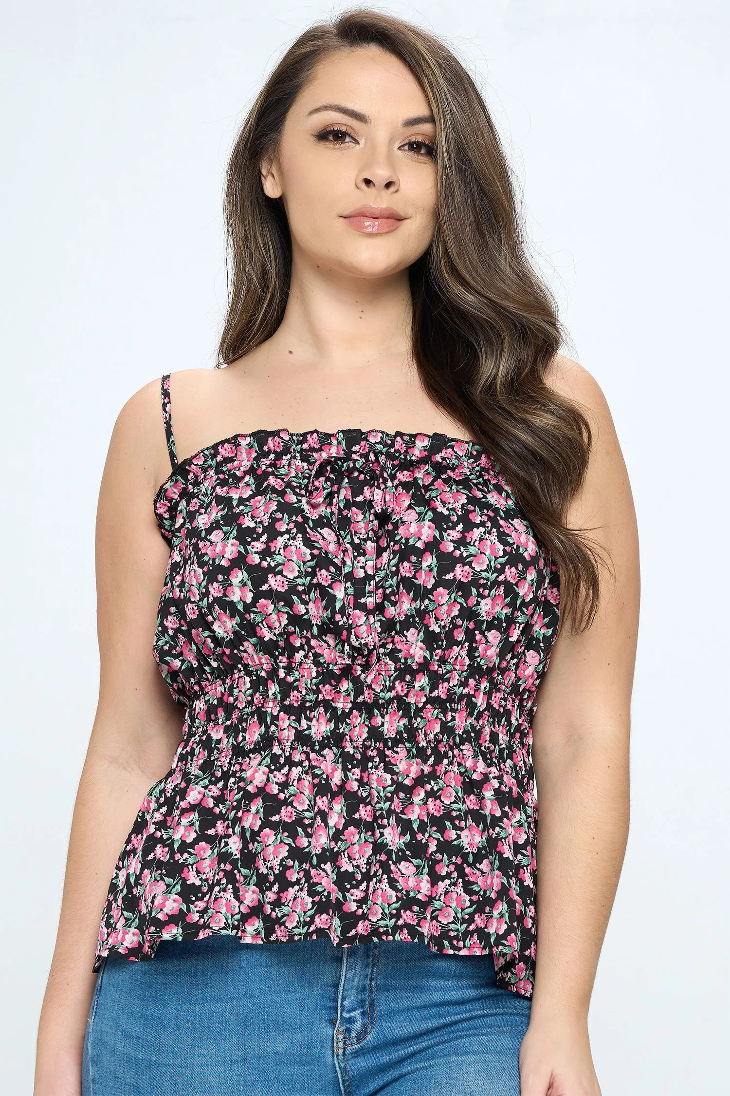 IT5054-PLUS | Tops | Junior Plus Floral Smocked Peplum Top