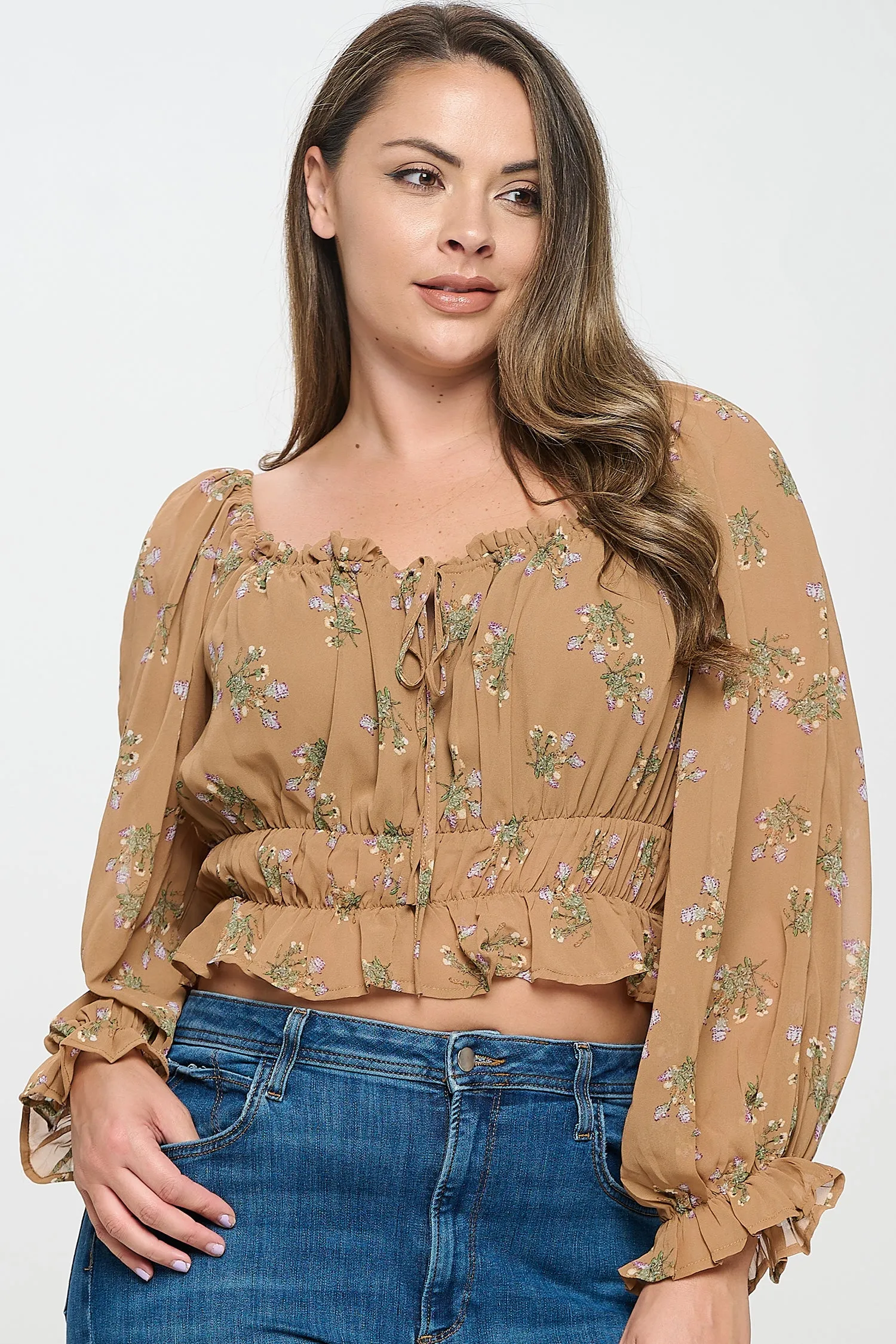 IT5647-PLUS | Tops | Junior Plus Floral Smocked Peasant Blouse
