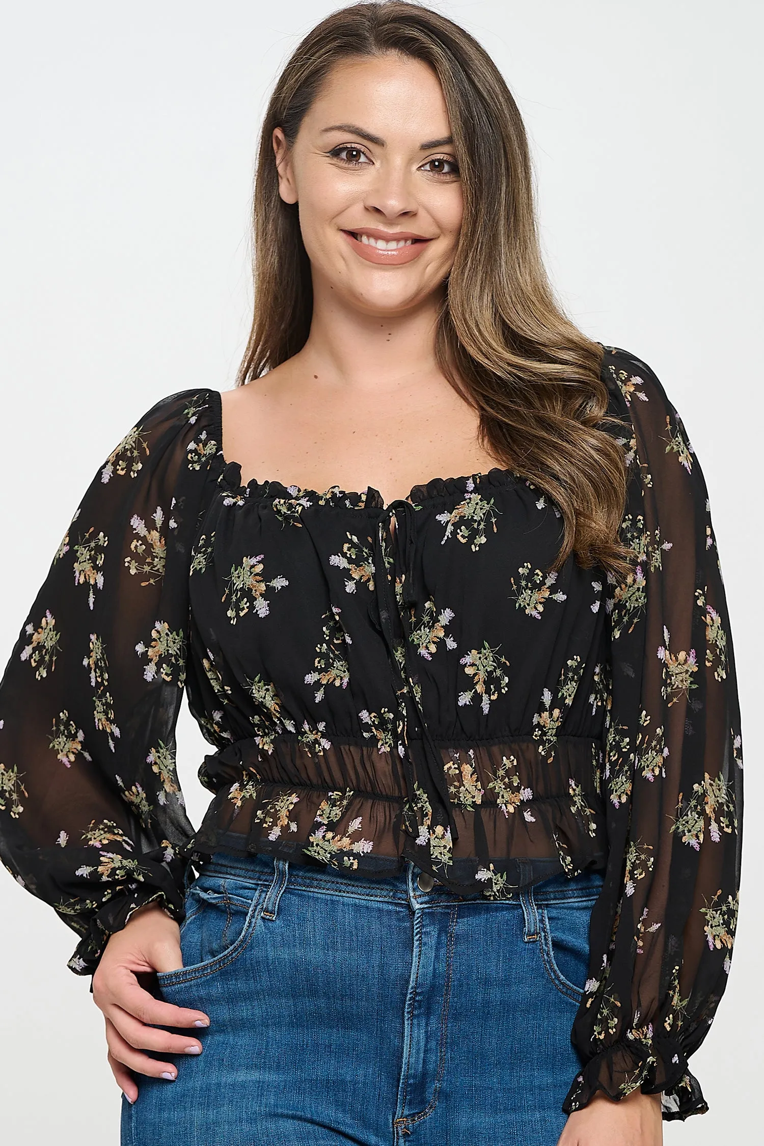 IT5647-PLUS | Tops | Junior Plus Floral Smocked Peasant Blouse