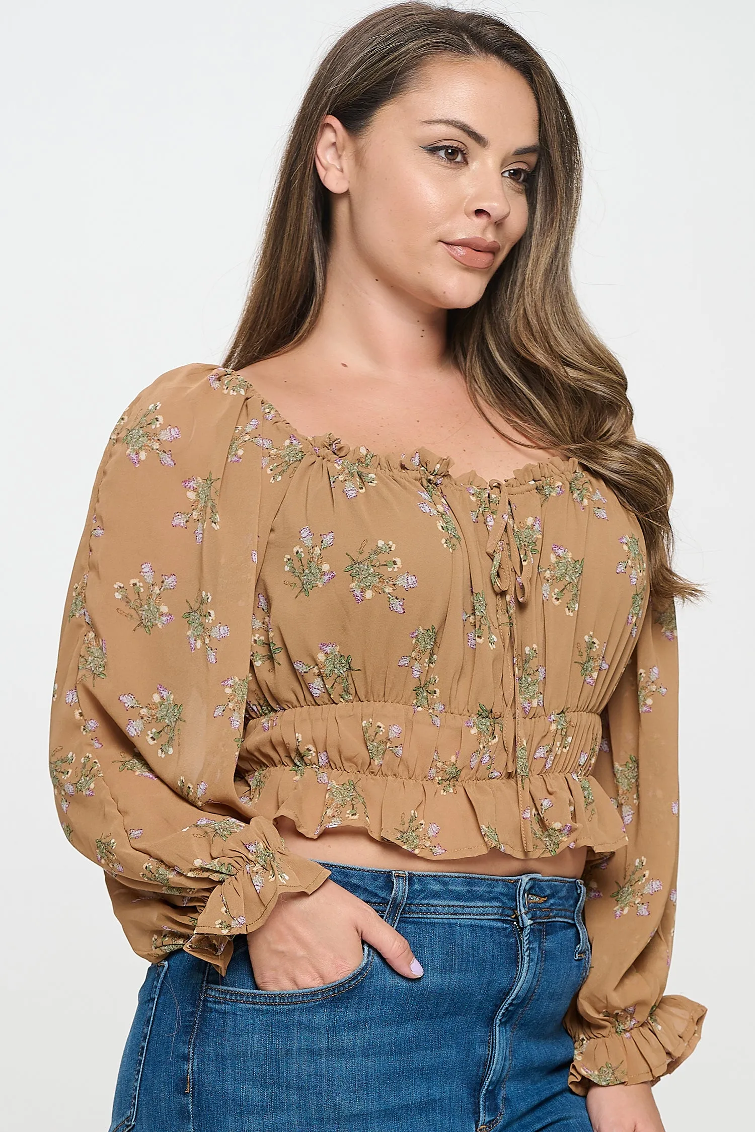 IT5647-PLUS | Tops | Junior Plus Floral Smocked Peasant Blouse