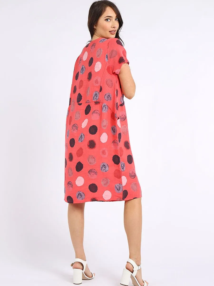 Italian Classic Shift Polka Dot Coral Linen Dress Sz 10-16