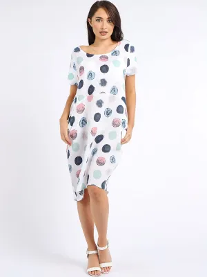 Italian Classic Shift Polka Dot White Linen Dress Sz 10-16