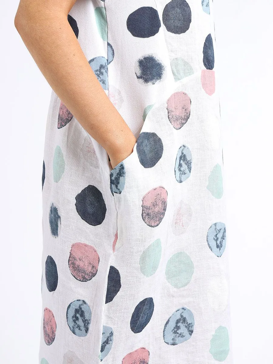 Italian Classic Shift Polka Dot White Linen Dress Sz 10-16