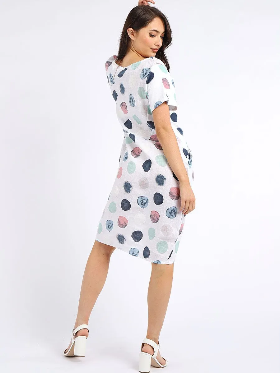 Italian Classic Shift Polka Dot White Linen Dress Sz 10-16