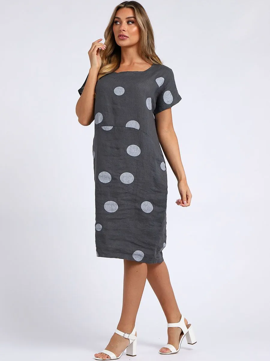 Italian Straight Shift Dotty Charcoal Linen Dress Sz 10-16