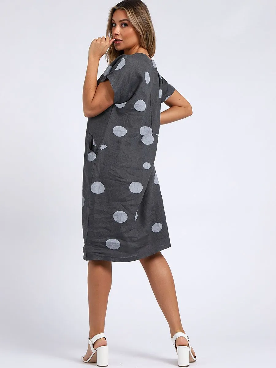 Italian Straight Shift Dotty Charcoal Linen Dress Sz 10-16