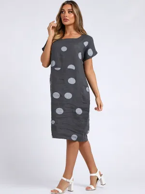 Italian Straight Shift Dotty Charcoal Linen Dress Sz 10-16