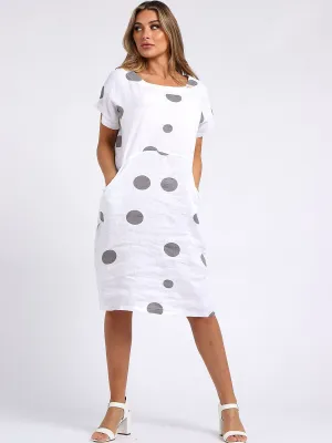 Italian Straight Shift Dotty White Linen Dress Sz 10-16