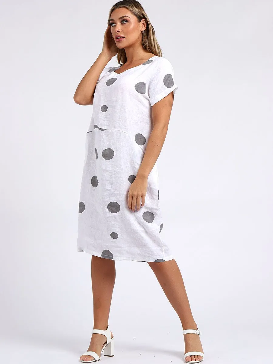 Italian Straight Shift Dotty White Linen Dress Sz 10-16