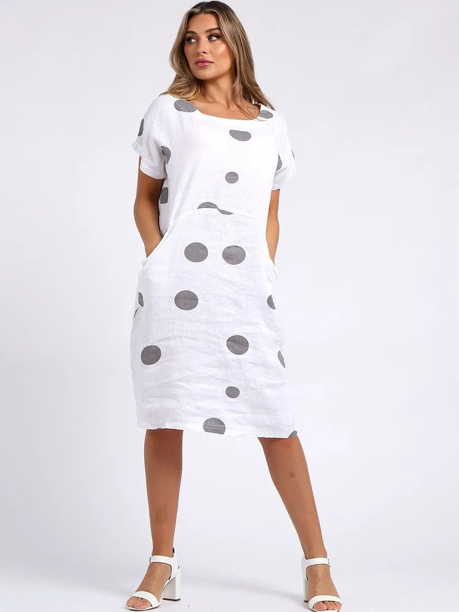 Italian Straight Shift Dotty White Linen Dress Sz 10-16