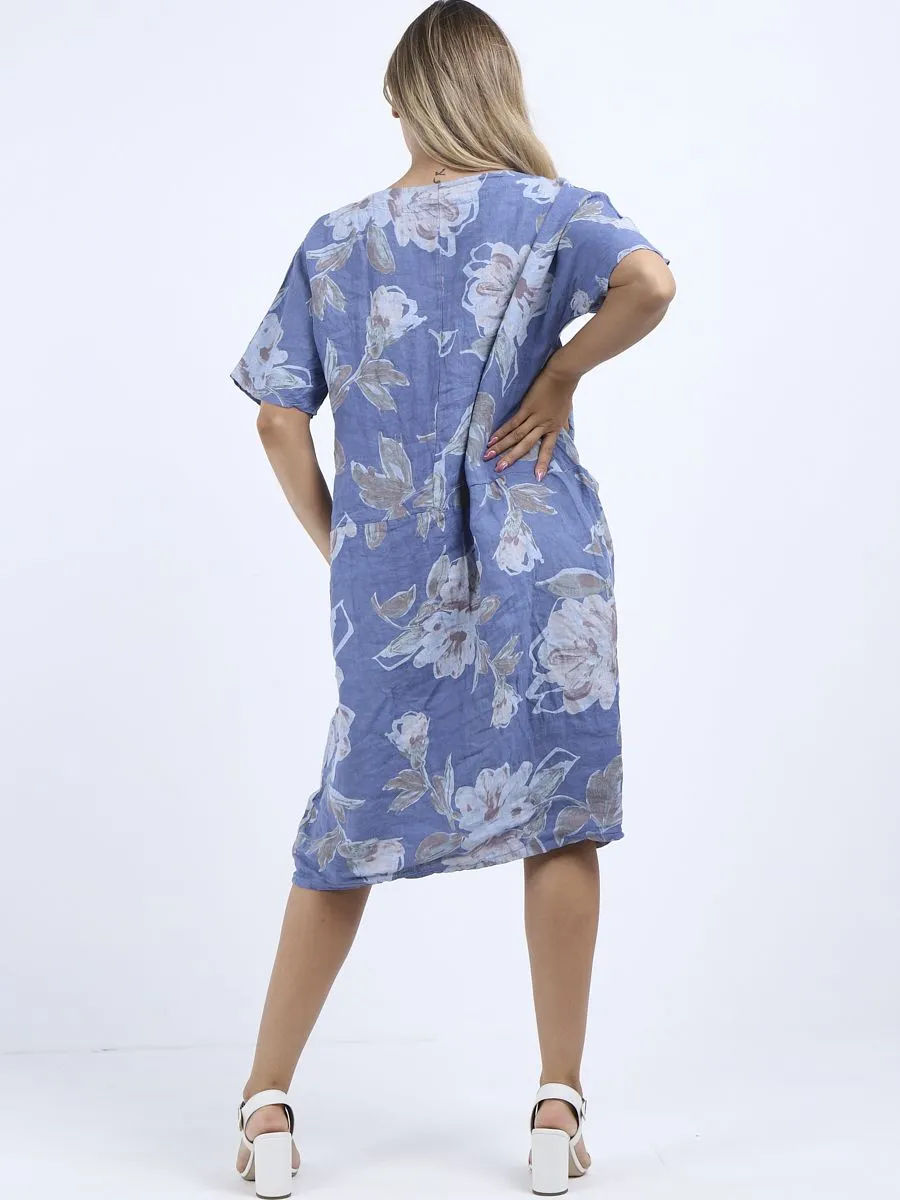 Italian Straight Shift Pastel Floral Periwinkle Linen Dress Sz 12-18