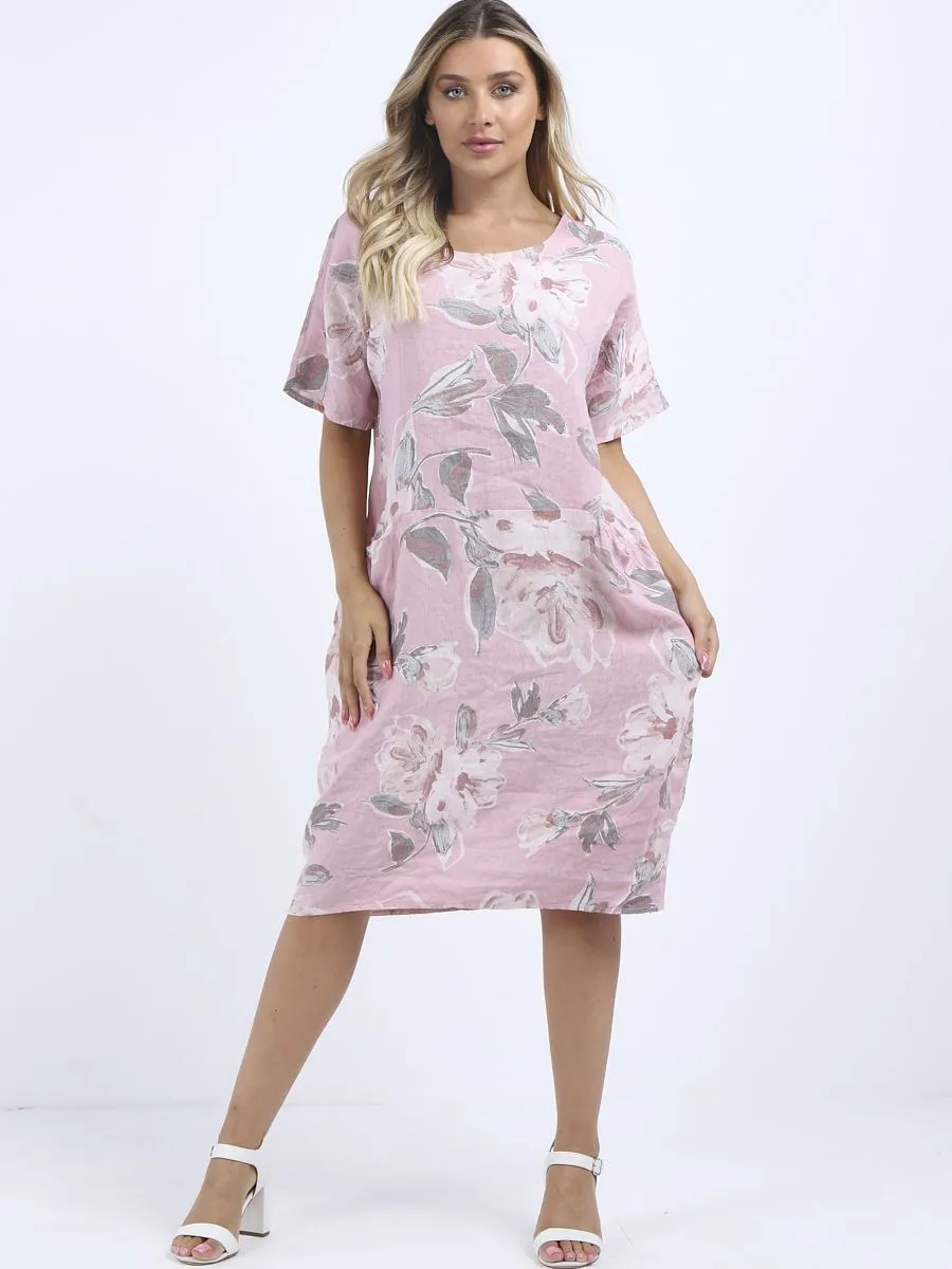 Italian Straight Shift Pastel Floral Pink Linen Dress Sz 12-18