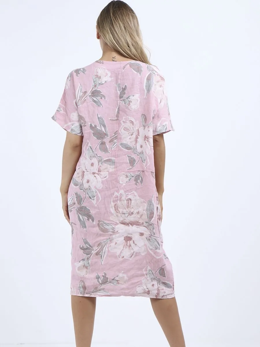 Italian Straight Shift Pastel Floral Pink Linen Dress Sz 12-18