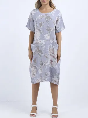 Italian Straight Shift Pastel Floral Silver Linen Dress Sz 12-18