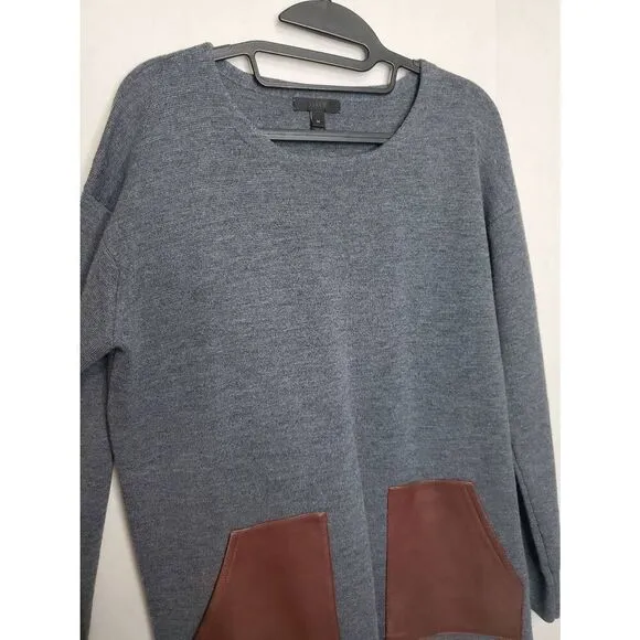 J. Crew Black Label 100% Merino Wool and Leather Tunic Sweater Minimalist Staple