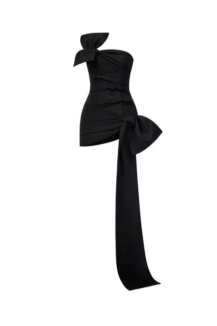 JazzHer Cute Sheath Strapless Black Short Satin Homecoming Dresses Cocktail Dress With Bow (PRE-ORDER)