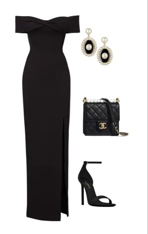 JazzHer Elegant Sheath Off The Shoulder Black Slit Long Prom Dresses Evening Dress (PRE-ORDER)