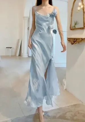 JazzHer Elegant Sheath Spaghetti Straps Light Sky Blue Chiffon Prom Dresses With Flower Slit Evening Dress (PRE-ORDER)