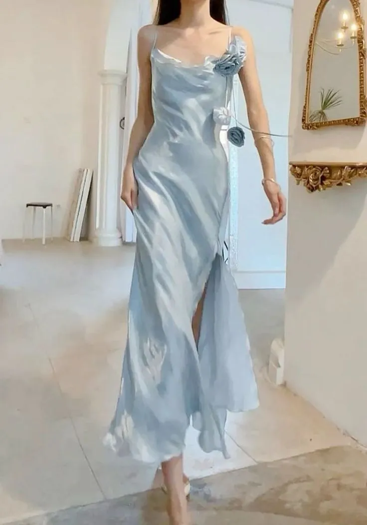 JazzHer Elegant Sheath Spaghetti Straps Light Sky Blue Chiffon Prom Dresses With Flower Slit Evening Dress (PRE-ORDER)