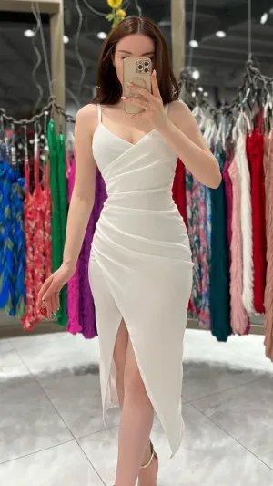 JazzHer Elegant Sheath Spaghetti Straps White Prom Dress Evening Dresses With Ruffles (PRE-ORDER)