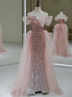 JazzHer Gorgeous Sheath Off The Shoulder Pink Sequin Long Evening Dress Prom Dresses Birthday Outfits (PRE-ORDER)