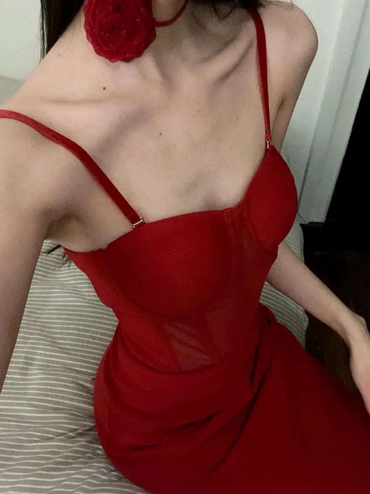 JazzHer Gorgeous Sheath Spaghetti Straps Red Satin Evening Dress Prom Dresses Birthday Outfits (PRE-ORDER)