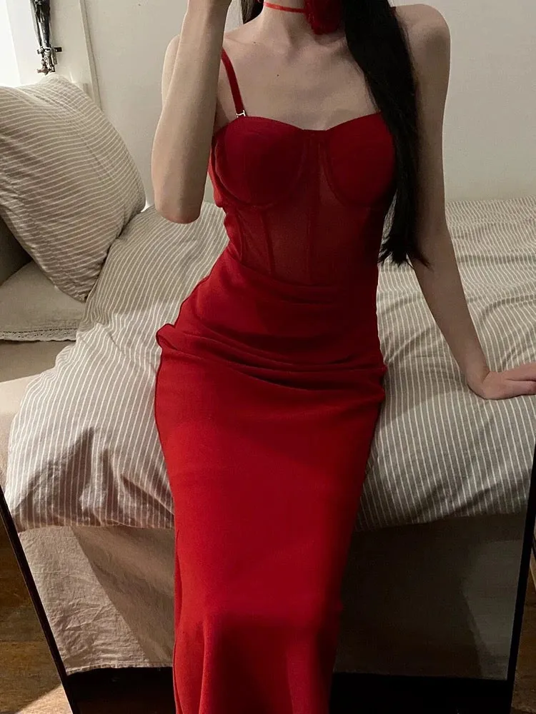 JazzHer Gorgeous Sheath Spaghetti Straps Red Satin Evening Dress Prom Dresses Birthday Outfits (PRE-ORDER)