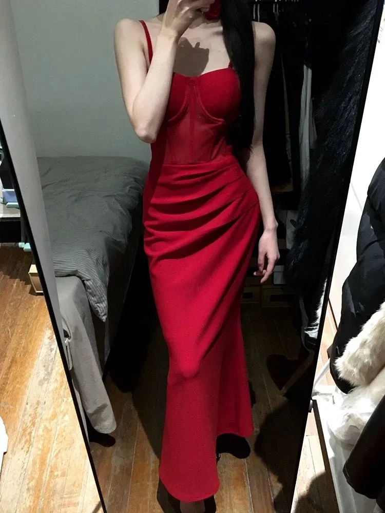 JazzHer Gorgeous Sheath Spaghetti Straps Red Satin Evening Dress Prom Dresses Birthday Outfits (PRE-ORDER)