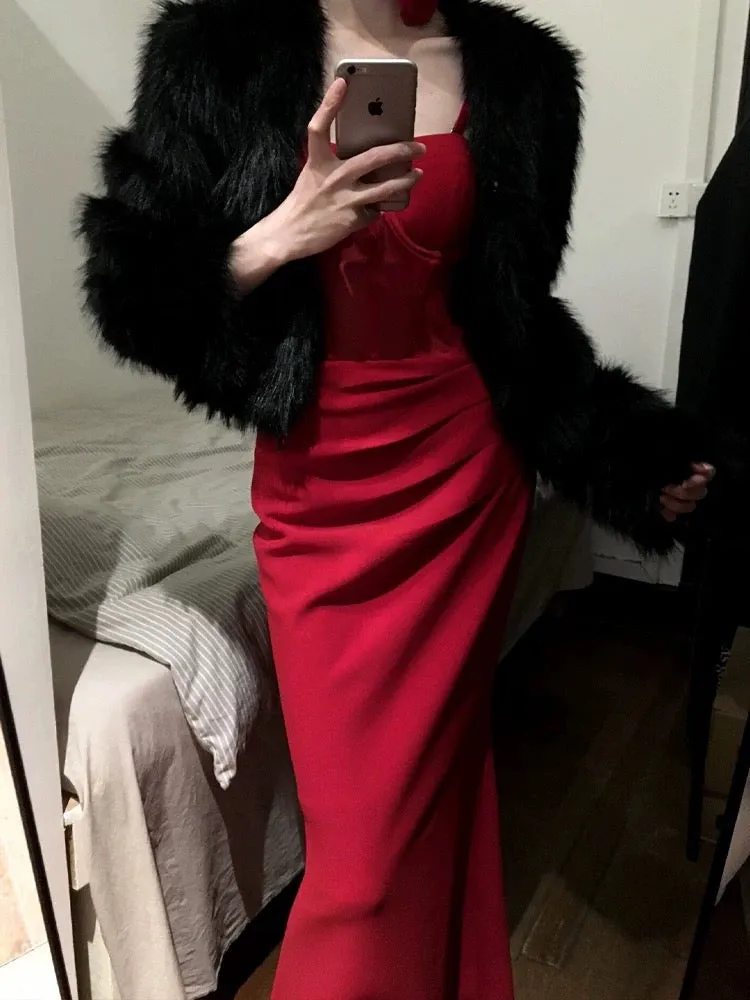 JazzHer Gorgeous Sheath Spaghetti Straps Red Satin Evening Dress Prom Dresses Birthday Outfits (PRE-ORDER)