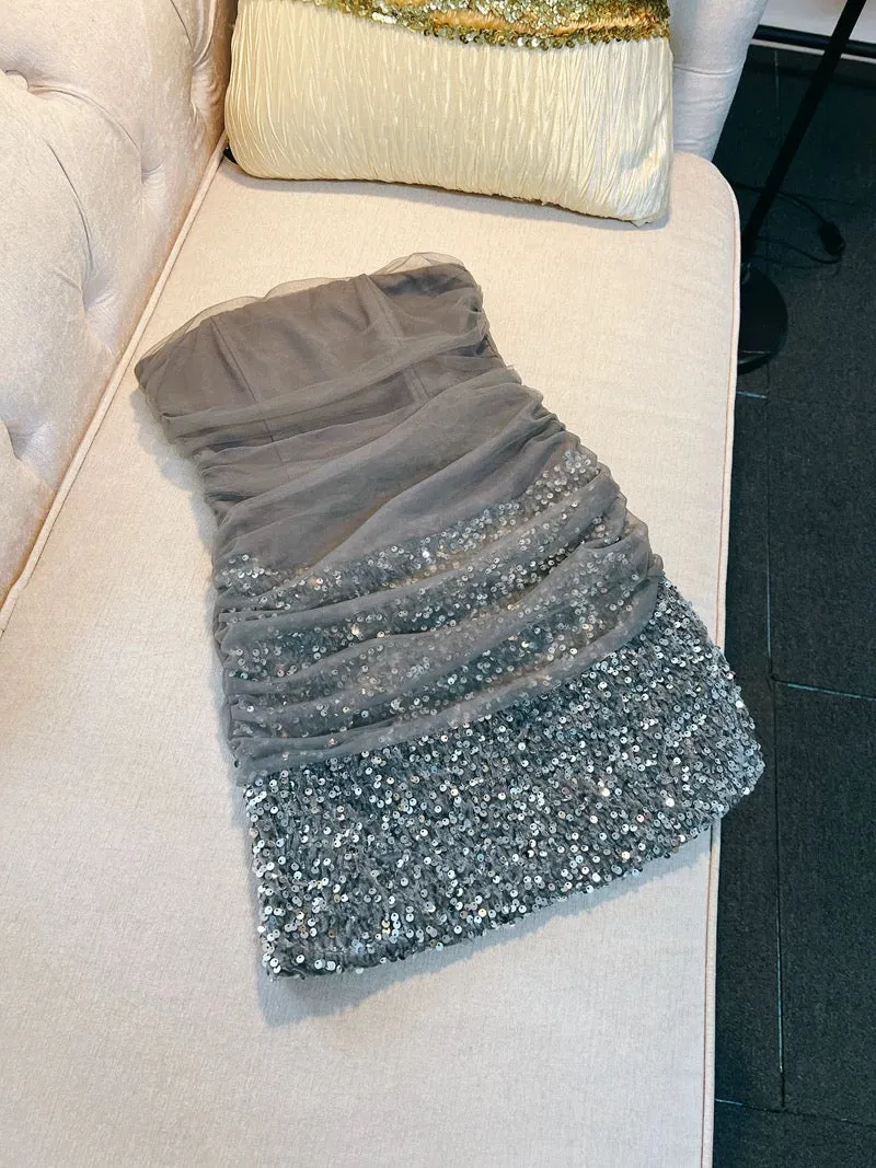 JazzHer Modest Sheath Strapless Gray Sequin Short Homecoming Dresses Birthday Outfits (PRE-ORDER)