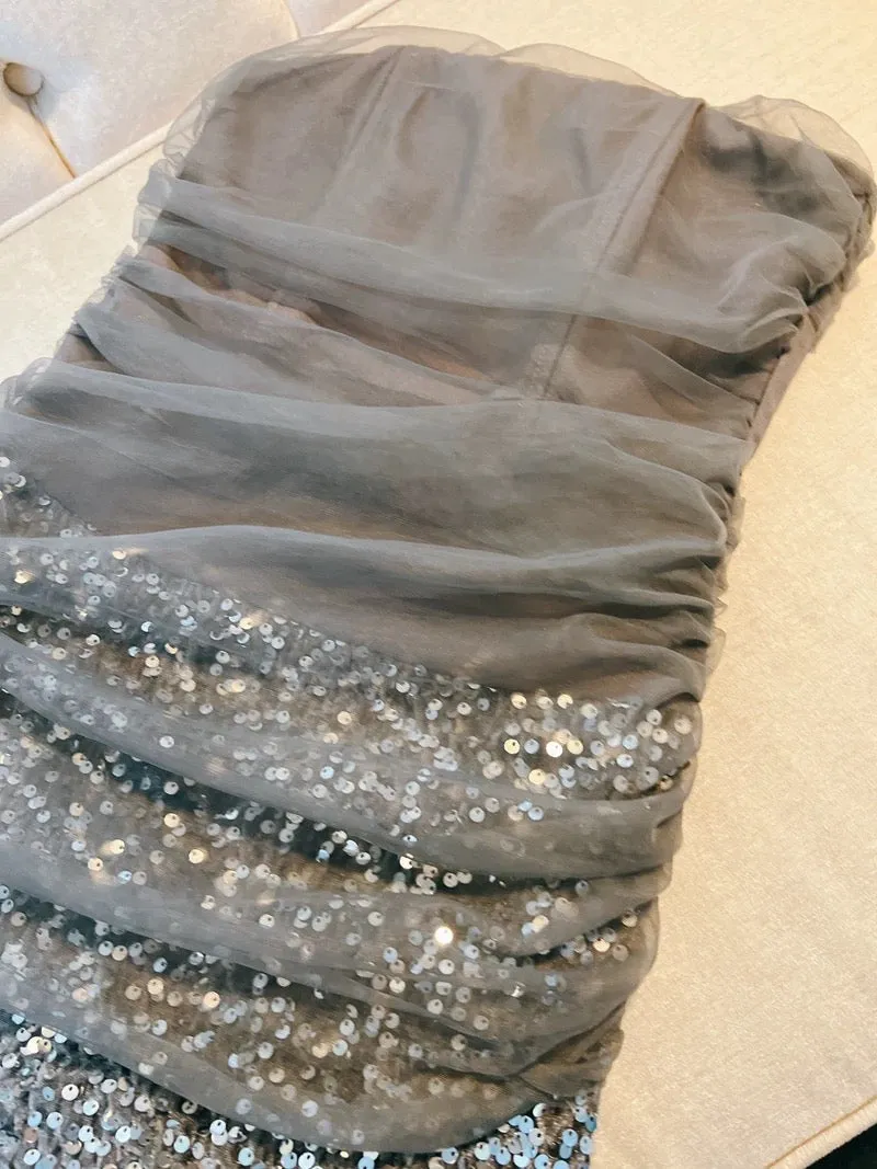 JazzHer Modest Sheath Strapless Gray Sequin Short Homecoming Dresses Birthday Outfits (PRE-ORDER)