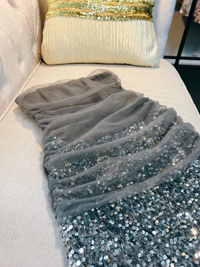 JazzHer Modest Sheath Strapless Gray Sequin Short Homecoming Dresses Birthday Outfits (PRE-ORDER)