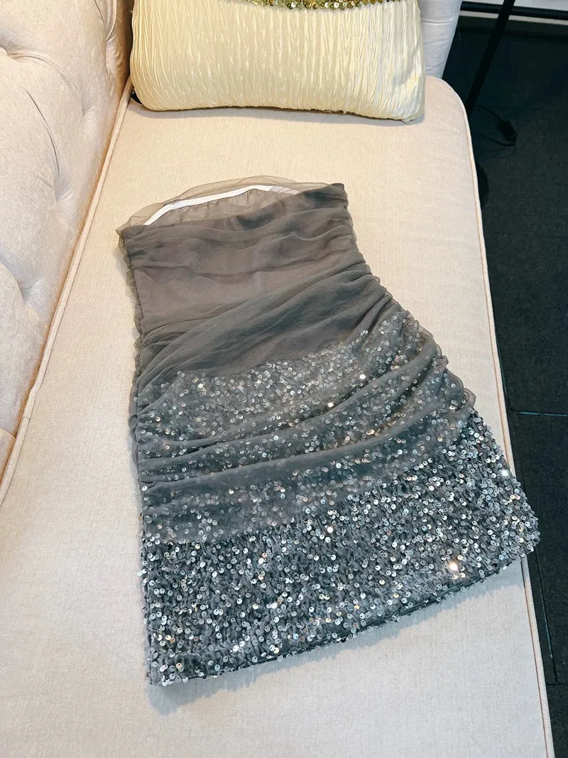 JazzHer Modest Sheath Strapless Gray Sequin Short Homecoming Dresses Birthday Outfits (PRE-ORDER)