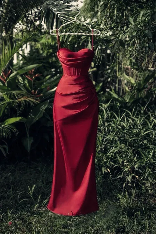 JazzHer New Sheath Strapless Satin Slit Sleeveless Burgundy Evening Dress Prom Dresses (PRE-ORDER)