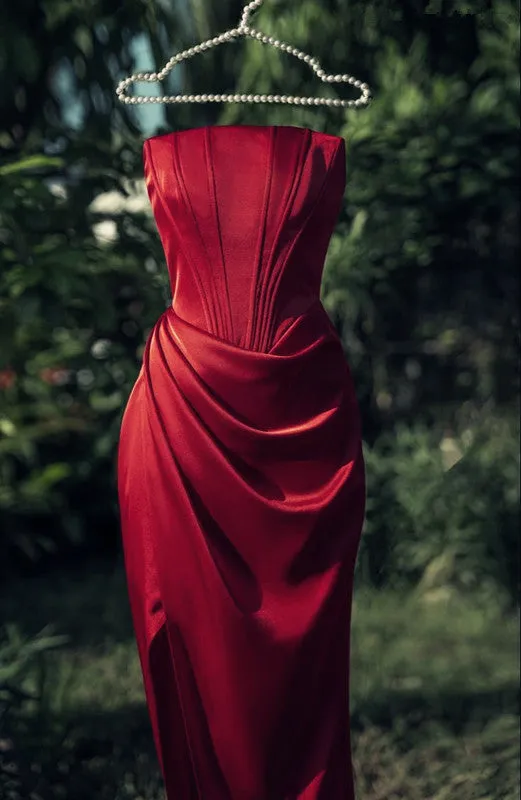 JazzHer New Sheath Strapless Satin Slit Sleeveless Burgundy Evening Dress Prom Dresses (PRE-ORDER)